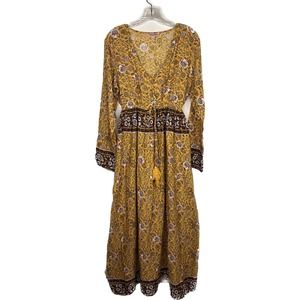 Bohemian Indian maxi dress boho drawstring waist rayon yellow brown L NWOT